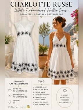 Charlotte Russe White Cotton Halter Dress Floral Embroidery Size S